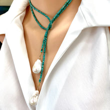 Charger l&#39;image dans la galerie, Arizona Turquoise &amp; Two Baroque Pearls Lariat Wrap Necklace, December Birthstone, Gold Plated silver, 37&quot;In
