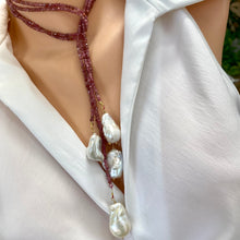 Charger l&#39;image dans la galerie, Pink Tourmaline &amp; two Large Baroque Pearls Lariat Necklace, October Birthstone
