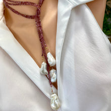 Cargar imagen en el visor de la galería, Pink Tourmaline &amp; two Large Baroque Pearls Lariat Necklace, October Birthstone
