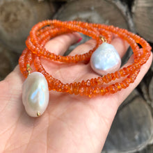 Load image into Gallery viewer, Single Strand Of Bright Orange Carnelian Rondelle Beads &amp; Two Baroque Pearls Lariat Wrap Necklace, Gold Vermeil, 40&quot;
