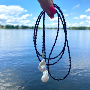 Black Spinel Beads & Two Baroque Pearl Lariat Wrap Necklace, 46” – Handmade in Canada