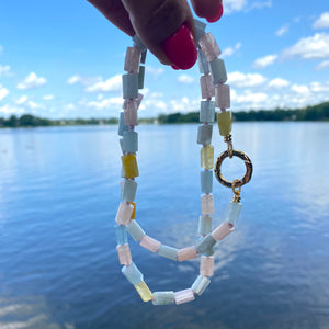 March and October Birthstone Necklace: Aquamarine, Morganite Mixed Beryl, Gold Plated Clasp, 23 inches