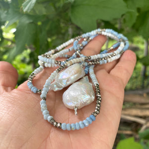 Shades of Blue Opal w Pyrites & Baroque Pearls Ombre Lariat Necklace