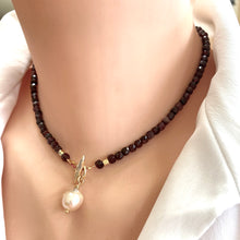Load image into Gallery viewer, Garnet Toggle Necklace with Baroque Pearl Pendant, Gold Plated, January Birthstone Gift For Her, 16&quot;in
