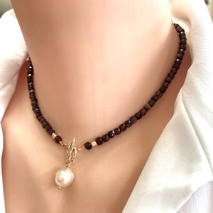 Garnet Toggle Necklace with Baroque Pearl Pendant, Gold Plated, January Birthstone Gift For Her, 16"in
