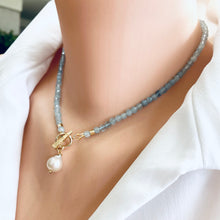 Cargar imagen en el visor de la galería, Aquamarine Toggle Necklace featuring Tiny Baroque Pearl Pendant, Gold Plated, March Birthstone, 16 inches
