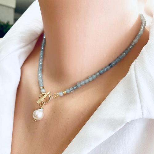 Aquamarine Toggle Necklace featuring Tiny Baroque Pearl Pendant, Gold Plated, March Birthstone, 16 inches