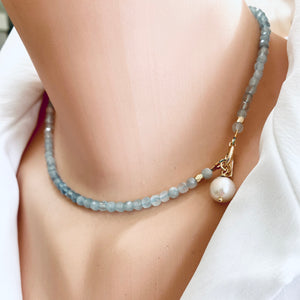Aquamarine Toggle Necklace with Tiny Baroque Pearl Pendant, Gold Plated, March Birthstone. 16"in