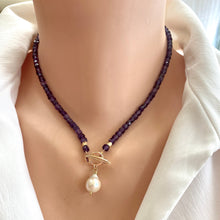 Load image into Gallery viewer, Amethyst Toggle Necklace with Baroque Pearl Pendant, Gold Plated, February Birthstone, 16&quot;in
