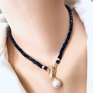 Black Turquoise Toggle Necklace with Baroque Pearl Pendant, Gold Plated, 16"inches