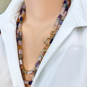 Rose Quartz, Amethyst, Citrine & Prehnite Mixed Gemstone Necklace with Spring Gate Charm Holder, Gold Plated, 23"or 24.5"in