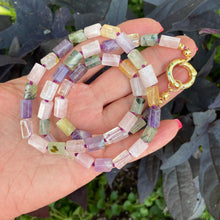 Load image into Gallery viewer, Rose Quartz, Amethyst, Citrine &amp; Prehnite Mixed Gemstone Necklace with Spring Gate Charm Holder, Gold Plated, 23&quot;or 24.5&quot;in
