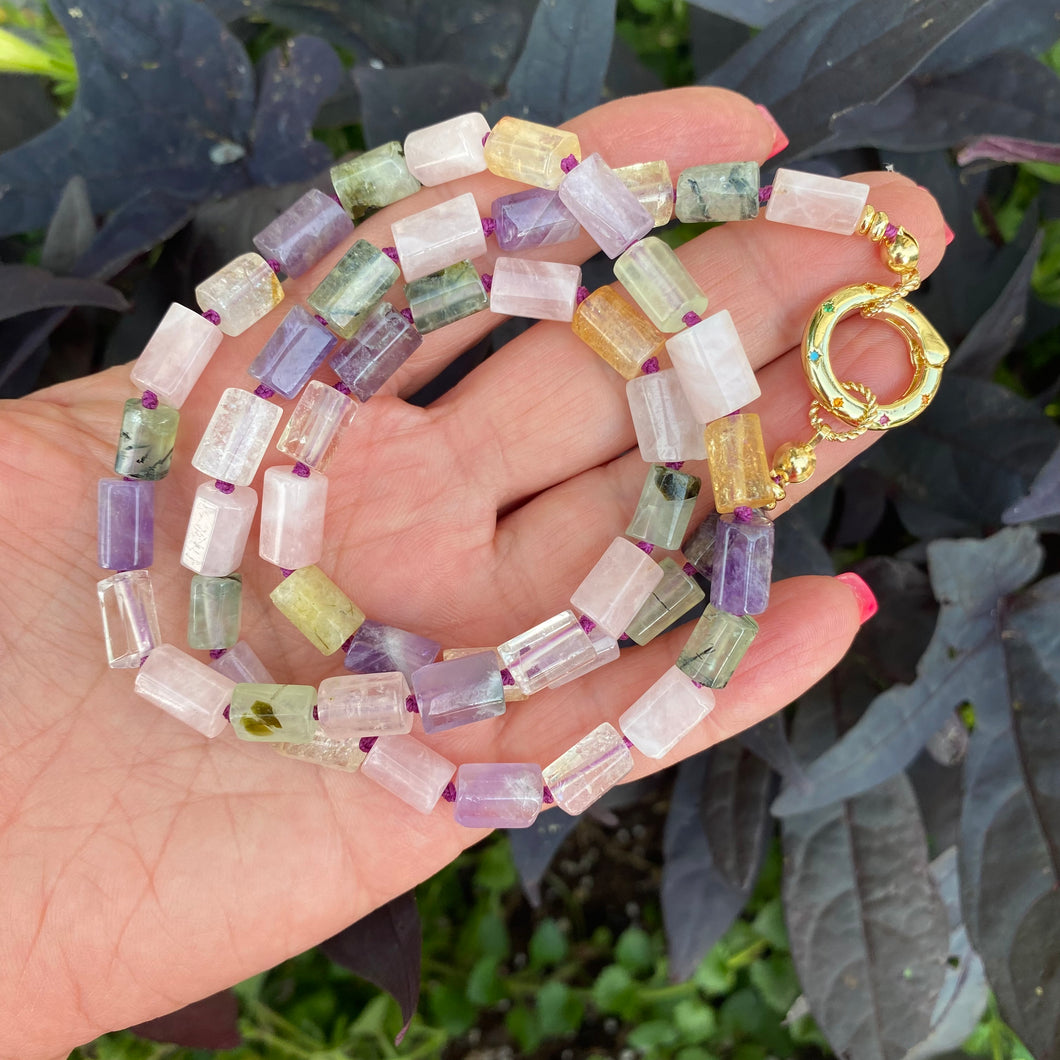 Rose Quartz, Amethyst, Citrine & Prehnite Mixed Gemstone Necklace with Spring Gate Charm Holder, Gold Plated, 23