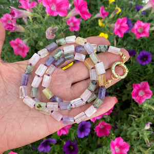 Rose Quartz, Amethyst, Citrine & Prehnite Mixed Gemstone Necklace with Spring Gate Charm Holder, Gold Plated, 23"or 24.5"in