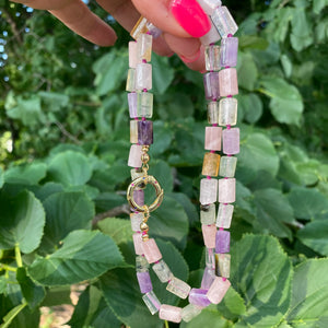 Rose Quartz, Amethyst, Citrine & Prehnite Mixed Gemstone Necklace with Spring Gate Charm Holder, Gold Plated, 23"or 24.5"in