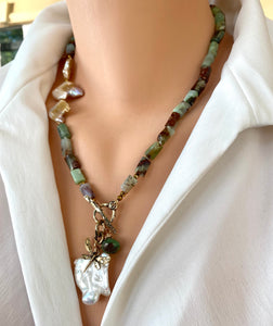Genuine Chrysoprase Necklace, Dragonfly Charm & Large Baroque Keshi Pearl Pendant, Gold Bronze and Gold filled Details, 20"in