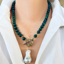 Load image into Gallery viewer, Malachite Toggle Necklace with Large Freshwater Baroque Pearl Pendant, Artisan Gold Bronze &amp; Gold Filled Details, 19.5&quot;in
