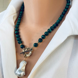 Malachite Toggle Necklace with Large Freshwater Baroque Pearl Pendant, Artisan Gold Bronze & Gold Filled Details, 19.5"in