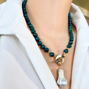 Malachite Toggle Necklace with Large Freshwater Baroque Pearl Pendant, Artisan Gold Bronze & Gold Filled Details, 19.5"in
