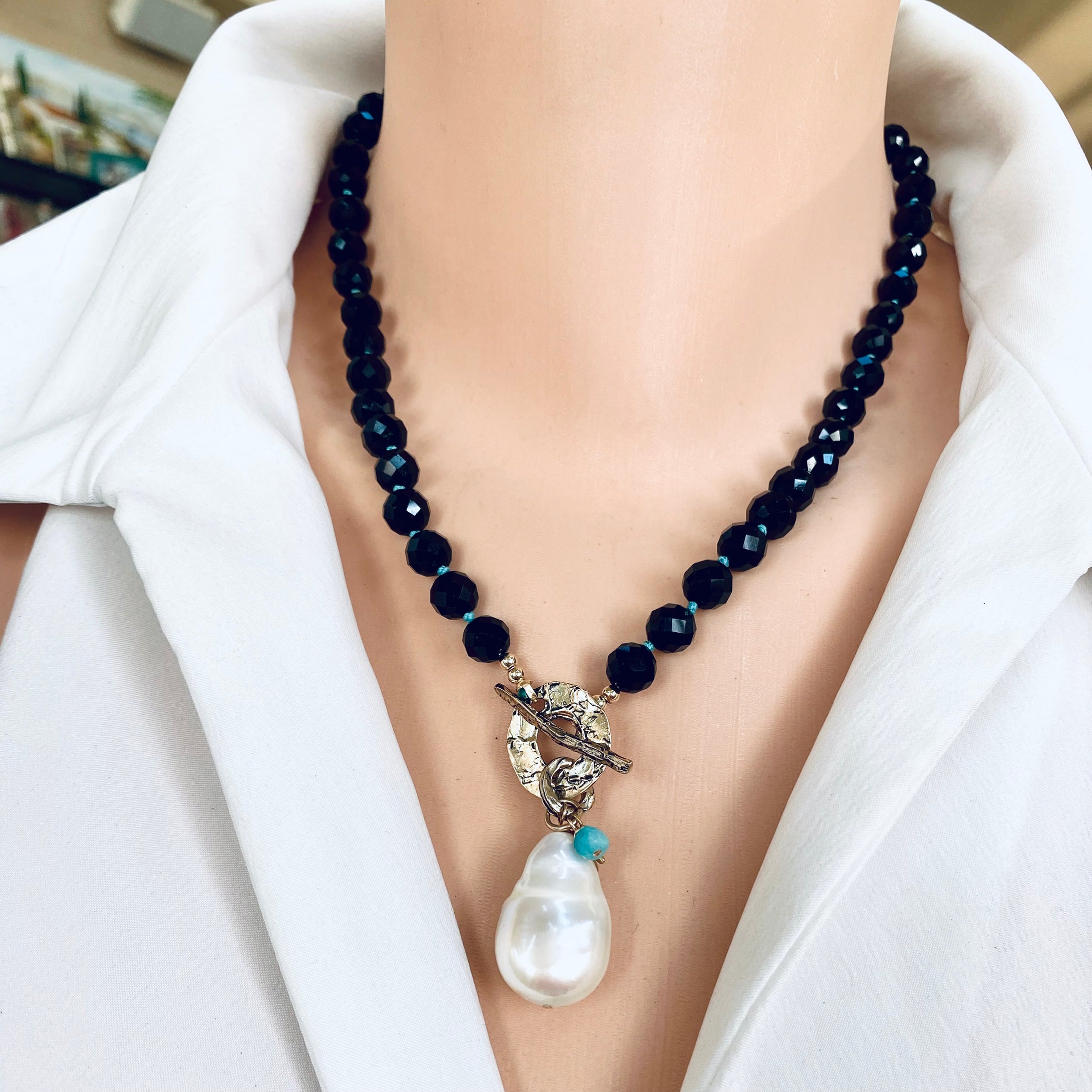 Black Tourmaline Toggle Necklace with Large Baroque Pearl Pendant, Artisan Gold Bronze & Gold Filled Details, 18.5