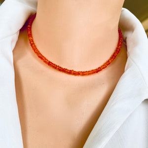 Bright Orange Carnelian Beaded Choker Necklace, Gold Filled Details, 16"inch