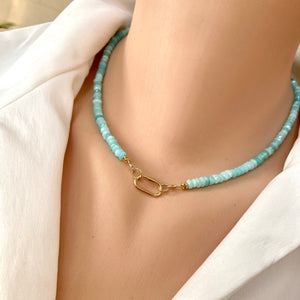 Sky Blue Peruvian Opal Choker Necklace, Gold Vermeil Plated Silver Carabiner Closure and Details, 16"in