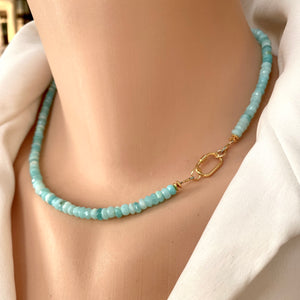 Sky Blue Peruvian Opal Choker Necklace, Gold Vermeil Plated Silver Carabiner Closure and Details, 16"in