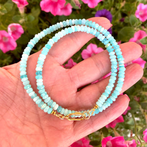 Sky Blue Peruvian Opal Choker Necklace, Gold Vermeil Plated Silver Carabiner Closure and Details, 16"in