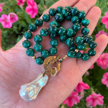 Load image into Gallery viewer, Malachite Toggle Necklace with Large Freshwater Baroque Pearl Pendant, Artisan Gold Bronze &amp; Gold Filled Details, 19.5&quot;in
