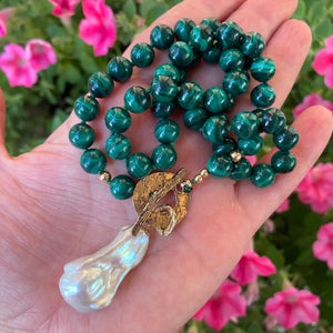 Malachite Toggle Necklace with Large Freshwater Baroque Pearl Pendant, Artisan Gold Bronze & Gold Filled Details, 19.5"in