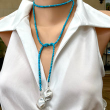 Charger l&#39;image dans la galerie, Turquoise Rondelle Beads &amp; Two Baroque Pearls Lariat Wrap Necklace, Sterling Silver, December Birthstone 44&quot;inches
