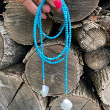 Carica l&#39;immagine nel visualizzatore di Gallery, Turquoise Rondelle Beads &amp; Two Baroque Pearls Lariat Wrap Necklace, Sterling Silver, December Birthstone 44&quot;inches
