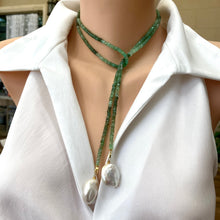 Charger l&#39;image dans la galerie, Shaded Green Chrysoprase Rondelle Beads &amp; Two Baroque Pearls Lariat Wrap Necklace, Gold Plated silver, 42&quot;In
