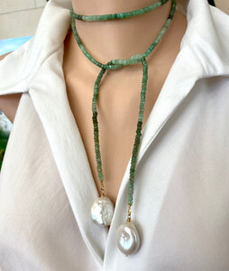 Shaded Green Chrysoprase Rondelle Beads & Two Baroque Pearls Lariat Wrap Necklace, Gold Plated silver, 42"In