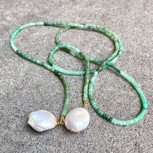 Load image into Gallery viewer, Shaded Green Chrysoprase Rondelle Beads &amp; Two Baroque Pearls Lariat Wrap Necklace, Gold Plated silver, 42&quot;In
