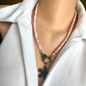 Pink Opal Necklace & Black Spinel Pave Lobster Clasp, Removable Daisy Pendant, Oxidized Silver, 21.5"in