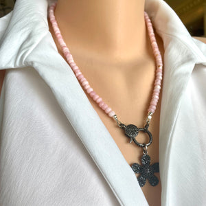Pink Opal Necklace & Black Spinel Pave Lobster Clasp, Removable Daisy Pendant, Oxidized Silver, 21.5"in