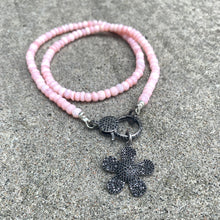Load image into Gallery viewer, Pink Opal Necklace &amp; Black Spinel Pave Lobster Clasp, Removable Daisy Pendant, Oxidized Silver, 21.5&quot;in
