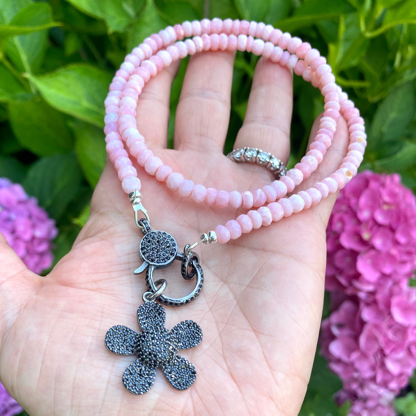 Pink Opal Necklace, Black Spinel Pave Lobster Clasp & Daisy Pendant, Silver, 21.5