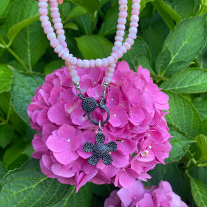 Pink Opal Necklace & Black Spinel Pave Lobster Clasp, Removable Daisy Pendant, Oxidized Silver, 21.5"in