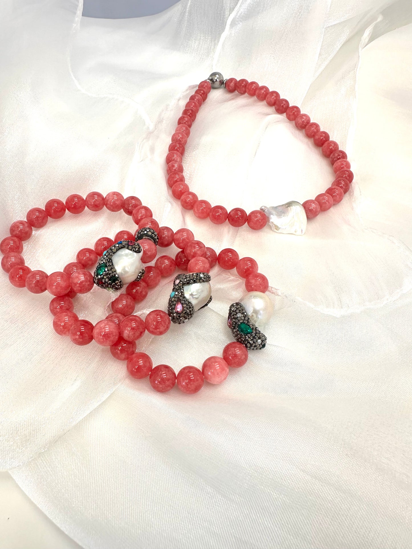 Jade & Gemstone Necklace with Baroque Pearl Center, 16.5" Magnetic Clasp