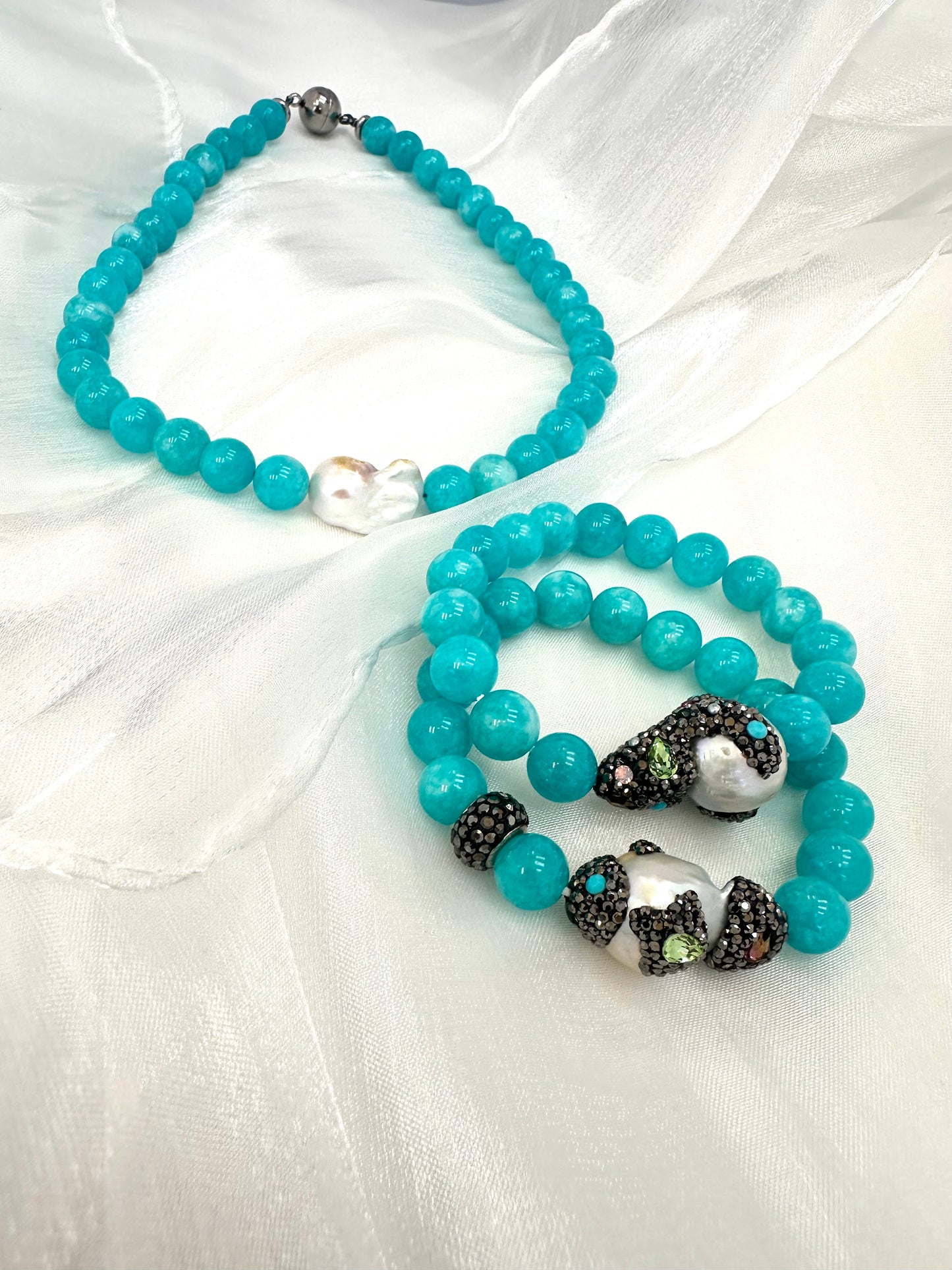 Jade & Gemstone Necklace with Baroque Pearl Center, 16.5" Magnetic Clasp
