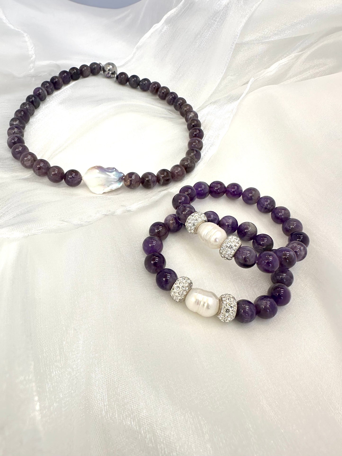 Jade & Gemstone Necklace with Baroque Pearl Center, 16.5" Magnetic Clasp