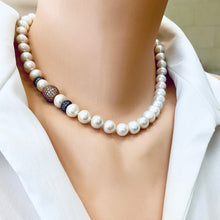 Load image into Gallery viewer, White Pearl Bridal Necklace, Rose Gold Vermeil and Black Rhodium Plated Silver Details, 17&quot;in
