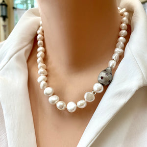 Classic White Pearl Wedding Necklace with Red Zircon Pave and Sterling Silver Accents 18"inches