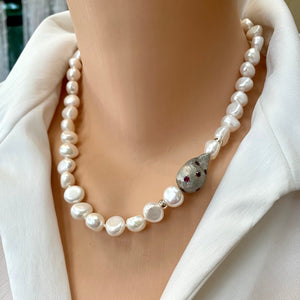 Classic White Pearl Wedding Necklace with Red Zircon Pave and Sterling Silver Accents 18"inches