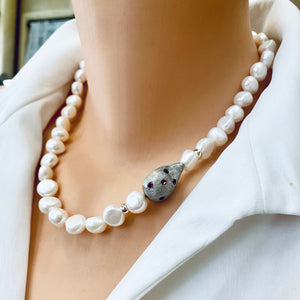 Classic White Pearl Wedding Necklace with Red Zircon Pave and Sterling Silver Accents 18"inches