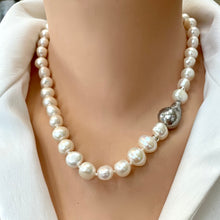 Charger l&#39;image dans la galerie, Elegant Hand-Knotted White Pearl Bridal Necklace with Sterling Silver Baroque Detail, 18&quot;inches
