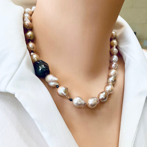 Pink Baroque Pearl Necklace with Unique Side Element, Black Rhodium Plated Silver Details, Natural Metallic Lustre, 18 inches