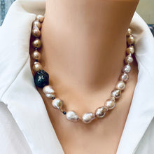 Lade das Bild in den Galerie-Viewer, Pink Baroque Pearl Necklace with Unique Side Element, Black Rhodium Plated Silver Details, Natural Metallic Lustre, 18 inches
